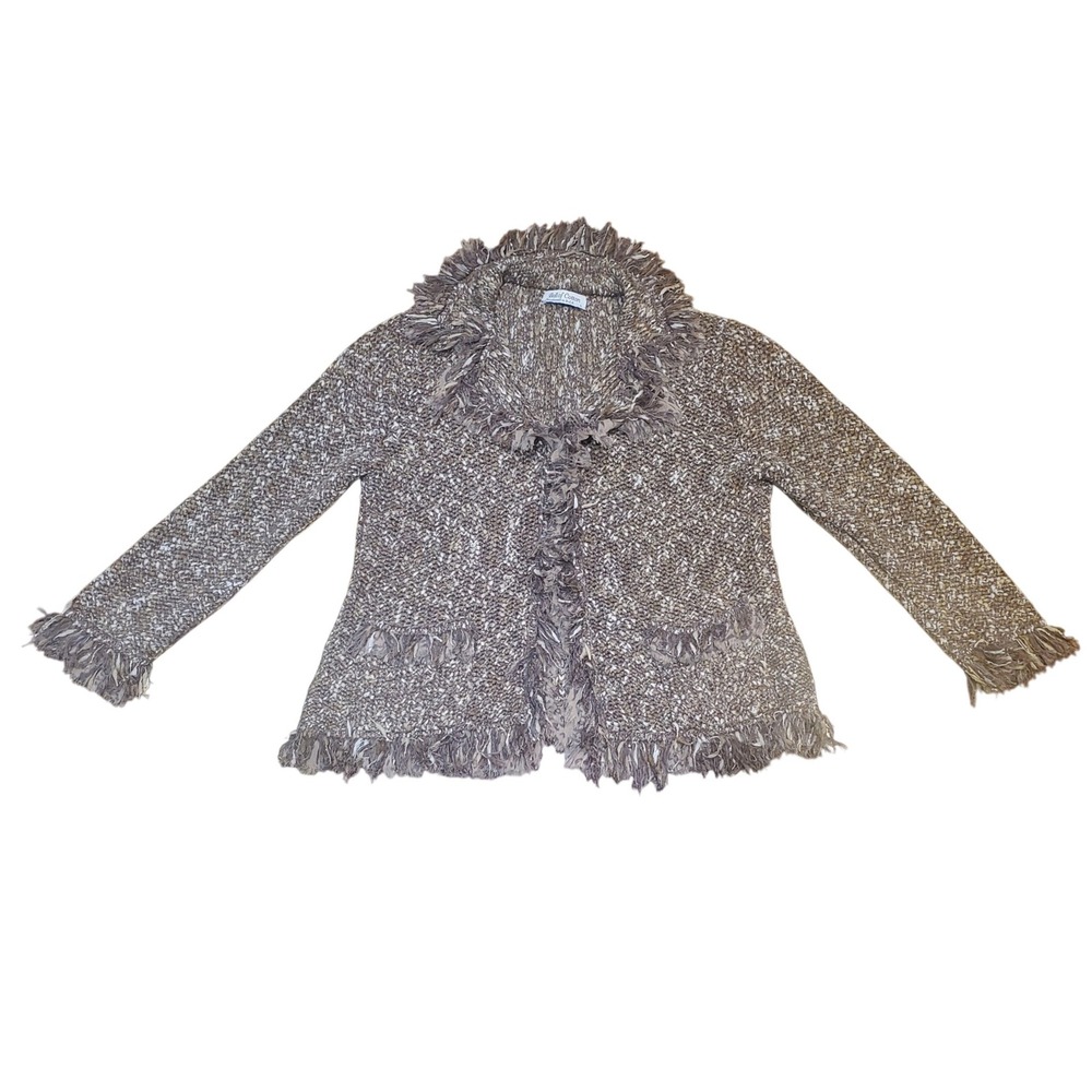 Ball of Cotton Handloomed In USA Women's L Fringe Knit Jacket‎ Cardigan Brown